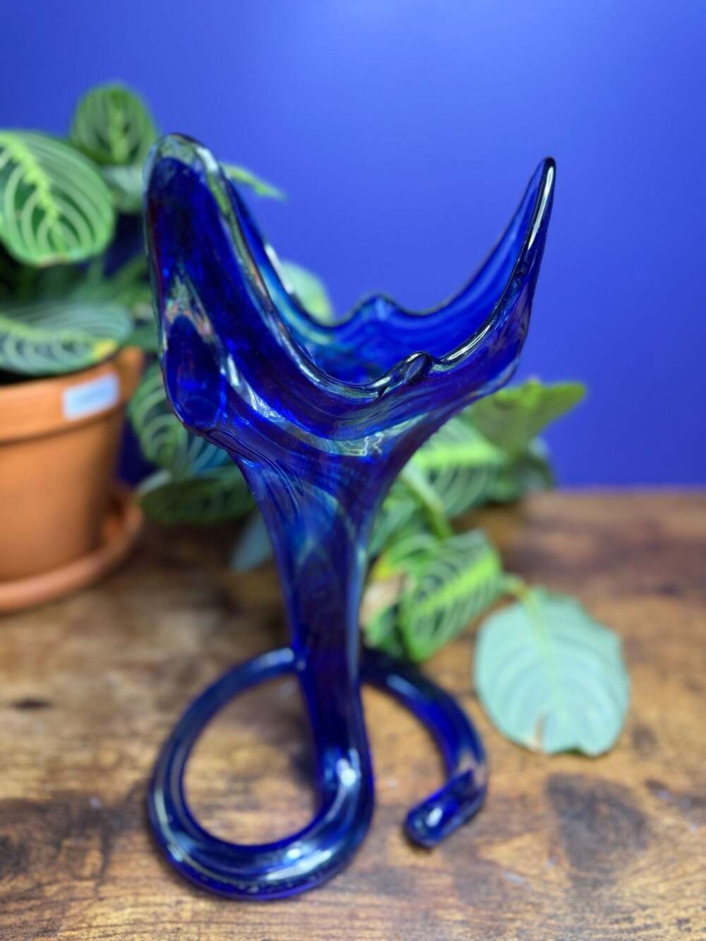 Hand Blown Art Glass Vase Vintage Cobalt Blue Mid-Century Swirl Base